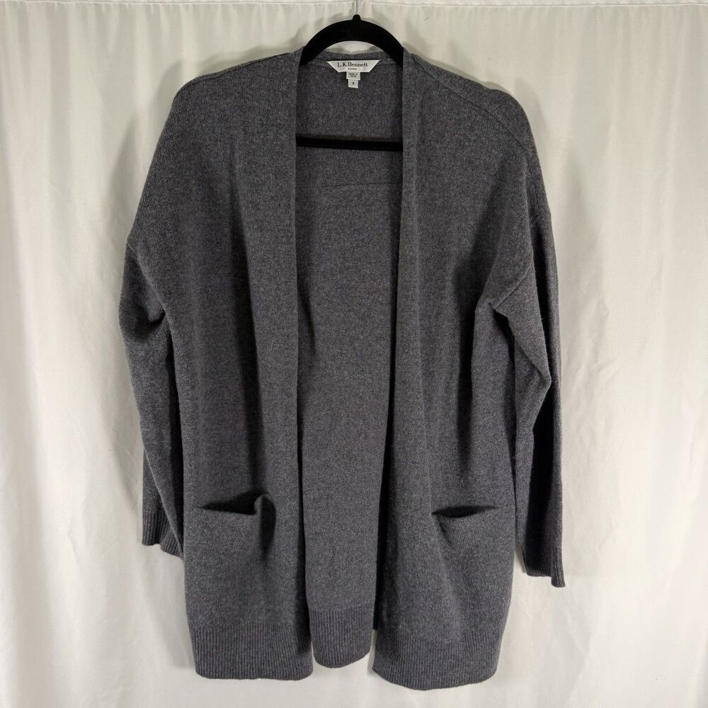 L.K. Bennett 100% Wool Cardigan Women's Small Gray Knit Long Sleeve Open Front